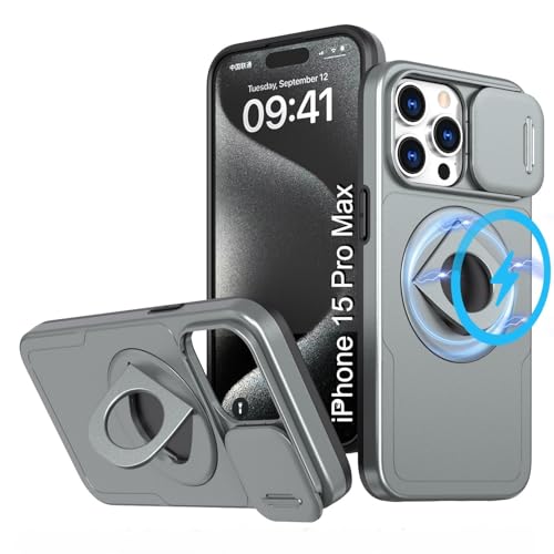 Image of LuxuryKase MagSafe Shockproof Rugged Back Case for iPhone 15 Pro Max | Finger Ring Kickstand & Sliding Camera Cover | Military Drop Protection | Wireless Charging Support - Grey