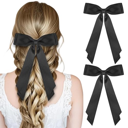 MOXYOY 2PCS Bow Hair Clip Black Hair Bows for Girls Silky Satin Solid Color Large Bowknot Hairpin with Long Ribbon Barrettes Accessories for Girls Women (Black)