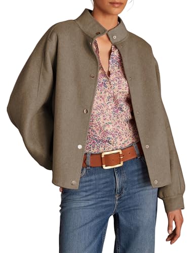 PUWEI Women's Cropped Pea Coat Stand Collar Single Breasted Wool Blend Overcoat Jackets