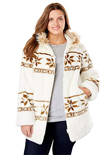 Woman Within Women's Plus Size Faux Fur Snowflake Print Hooded Jacket - 4X, Black Snowflake Fair Isle #TOP4