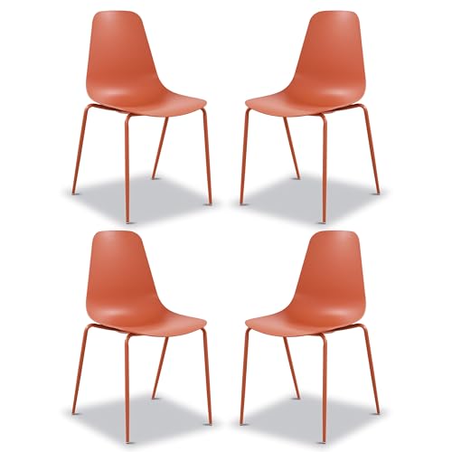 Image of Poly & BARK Isla Stackable Dining Chairs Set of 4 - Mid Century Modern Plastic Dining Chair with Metal Legs - Kitchen & Dining Room Chairs - Dining Table Chairs Set - Indoor /Outdoor - Coral Red