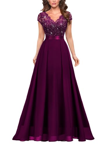Miusol Women's Elegant V-Neck Cap Sleeve Sequined Floral Lace Formal