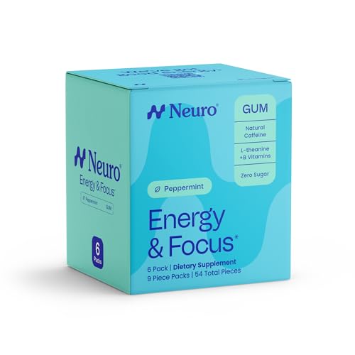 Neuro Energy & Focus Gum - 40mg Natural Caffeine Gum & Nootropic Energy Supplement with L-Theanine & B Vitamins - Sugar Free, Vegan - Peppermint, 54ct