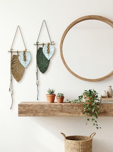 Image of JH Gallery Handmade Macrame Leaf Wall Hanging for Home Decor (Brown, Green, White) - Boho Cotton Leaf Tapestry, Macrame Wall Decor for Bedroom, Living Room & Balcony Decor.(Pack of 2)