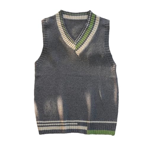 Men Sweater Vest Patchwork Sleeveless Knitted Tops Couple Preppy V-Neck Loose Jumper Vests