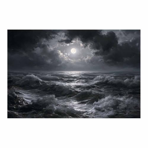 Peinture sur toile océan au clair de lune pour decoration salon HOQIU