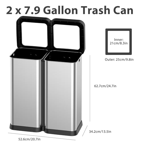 Image of Fashionwu 60L /16 Gallon Kitchen Trash Can, Double Compartment Open Top Lidless Trash Can, Stainless Steel Trash Can and Recycling Bin, Suitable for Kitchen, Office, Dining Room, Living Room