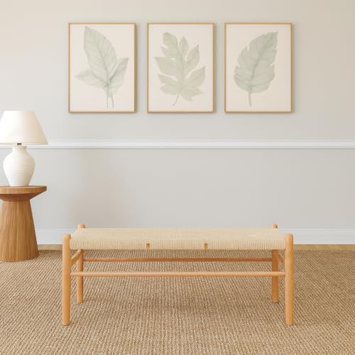 Nicholas Winter Wooden Dining Bench - Natural Beech/Woven Rope Seat - 120cm Mid-Century Modern Scandinavian Style - Durable Seating for Dining Room Hallway Office Café