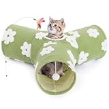 Tempcore Flannel Pet Cat Tunnel Tube Cat Toys 3 Way Collapsible, Cat Tunnels for Indoor Cats，Kitty Tunnel Bored Pet Toys Peek Hole Toy Ball Puppy, Kitty, Kitten, Rabbit Daisy Green