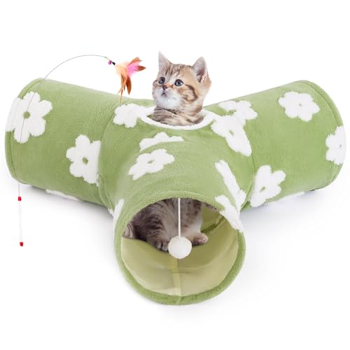 Tempcore Flannel Pet Cat Tunnel Tube Cat Toys 3 Way Collapsible, Cat Tunnels for Indoor Cats，Kitty Tunnel Bored Pet Toys Peek Hole Toy Ball Puppy, Kitty, Kitten, Rabbit Daisy Green