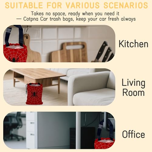 Image of Spider Web Car Garbage Bag, Small Car Trash Bag Hanging,Drawstring Car Garbage Bag with Adjustable Buckle for Car Back Seat,SUVs,Camping,Road Trips