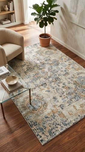 Image of 2x5 Feet (60x150 CM) Carpet for Bedroom Living Room & Hall - Ivory Multi Modern Abstract Geometric Silk-Touch Luxury Hotel-Style Washable Anti-Skid Turkish Area Rug