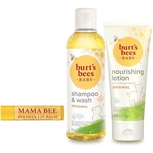 Image of Burt’s Bees Baby & Mom Gift Set – Joyful Moments with 3 Gentle Skin and Hair Care Products: Baby Shampoo and Wash, Baby Lotion, and Mom’s Bees Beeswax Natural Lip Balm