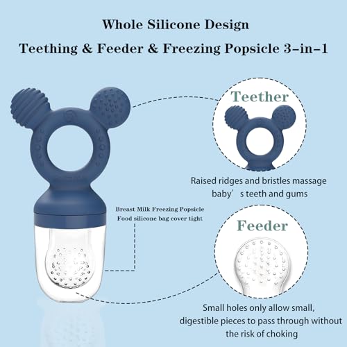 Image of Baby Fruit Feeder, Frozen Teething Toys, Infants Teether Pacifier with 3 Extra Teats, Toddler Eating Essentials, BPA Free Feeding Supplies (Steel Blue)