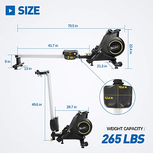 Doufit Rowing Machines for Home Use Foldable, RM-01 Magnetic Row Machine Exercise Equipment with Aluminum Rail, Transport Wheels, LCD Monitor