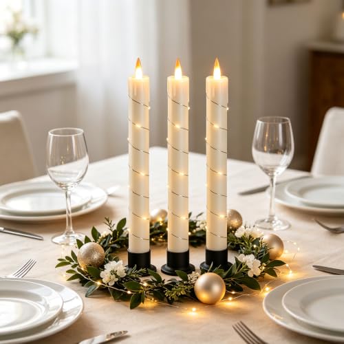 Image of 3 Pack Ivory Dripping Wax Flameless Candles, Realistic Dynamic Flame LED Taper Candles with Surrounding Fairy String Lights, Remote Control Battery Operated Candles for Home Wedding Holiday Decor