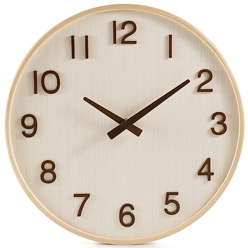 Modern Wall Clock, 12 Inch Wood Kitchen Accessories and Decor, Battery Operated Decorative Silent Clocks for Living Room/Bedroom/Bathroom/Office, White and Beige