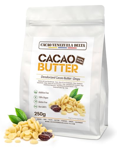 Cacao V Delta Manteca De Cacao Pura Desodorizada gotas 250g. Uso Alimentario y Cosmético - Manteca Sin Gluten Vegana Paleo y Keto Ideal Chocolates y Postres Sin Aditivos y Antioxidante