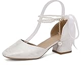  Lizoleor Chinese Retro Style Blockabsatz Square Toe Damen Sandalen Knöchelriemchen Blume Schnalle Sommer Kleid Schuhe Weit Fit Weiß Gr 44 EU/46Cn