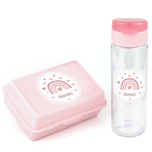Mi Pipo - Pack Fiambrera Infantil Personalizada + Botella Agua Niños con Pajita 600ml - Arcoiris Blush | Resistente, Cómoda, Segura, Libre de BPA y con Nombre | Ideal Escuela, Excursiones y Viajes