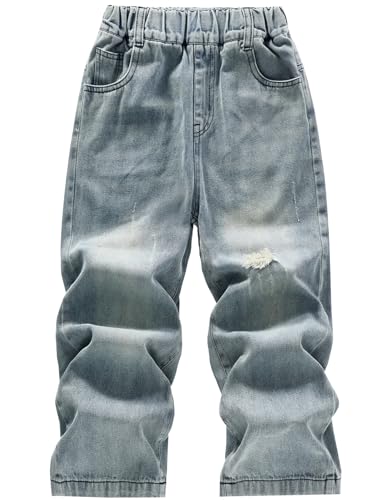 Boys’ Ripped Husky Denim Jeans, Pull On Stretchy Elastic Waist Pants for School & Play