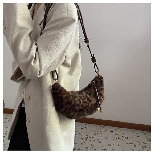 Image of Leopard Fluffy Sling Dumpling Bag Cheetah Print Fuzzy Furry Shoulder Crossbody Crescent Bag Leopard Plush Horn Bag