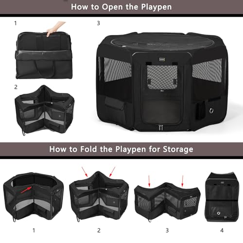 DONORO Dog Playpen Portable Pet Play Pens for Small Dog/Cat/Rabbit/Chicks, Cat Playpen Indoor/Outdoor with Carring Case, Removable Zipper Top and Bottom (Black, Small (29"x29"x15"), 8) - Image 4