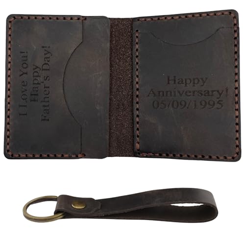 Personalized Engraved Minimalist Genuine Leather Wallet for Men and Women, Custom Card Holder Wallets with 4 Card Slots with Keychain and Giftbox, Gifts for Birthdays, Christmas (Dark Brown)