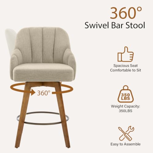 Butaco de altura de barra giratorio individual de 27 pulgadas, color arena | Butacos escultóricos envolventes para isla de cocina, estilo medio siglo, madera de caucho maciza, asiento amplio de lino, capacidad de 350 libras miniatura 6