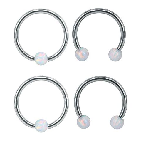 Piercingpops 4PCS 16G Surgical Steel Opal Horseshoe & Captive Bead Nose Hoop Septum Earring Eyebrow Tongue Lip Nipple Helix Tragus Piercing Rings Set (4PCS -8MM (Withe)) Cover
