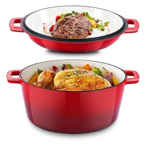 5QT Dutch Oven, Joyfair 2-in-1 Enameled Cast Iron Dutch Oven Pot with 2 QT Skillet Lid, Heavy Duty Oven Safe Cookware for Sourdough Bread Baking Braising Stewing Roasting Cooking, Easy Clean (Red) Cover