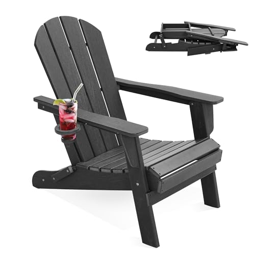 LOUNZY Folding Adirondack Chair with Cup Holder, HDPE All-Weather Folding Patio Chair, Outdoor Patio Adirondack Chair for Lawn Porch Garden Backyard Deck Fire Pit, Gray Set of 1 Grey