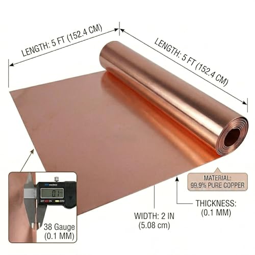 Image of Copper Sheet for Crafting and Electrical Projects - 0.02mm x 100mm x 2m Copper Foil and Metal Plate for DIY, House Repair, Decoration