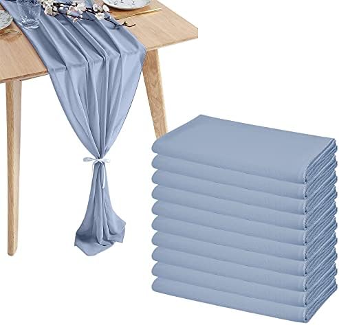 10 Pcs Chiffon Table Runner 10Ft - 28x120 Inches Dusty Blue Sheer Chiffon Table Runner Chiffon Romantic Wedding Runner Overlays for Wedding Decor Birthday Party Baby Bridal Shower Table Decoration