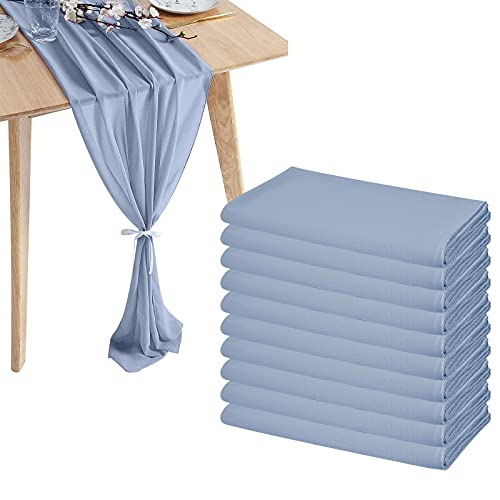 10 Pcs Chiffon Table Runner 10Ft - 28x120 Inches Dusty Blue Sheer Chiffon Table Runner Chiffon Romantic Wedding Runner Overlays for Wedding Decor Birthday Party Baby Bridal Shower Table Decoration