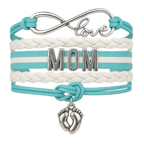 Infinity Collection Mom Bracelet - Mom Infinity Love Represent the Endless Love and Sweet Baby Feet Charm Rope Bangle Jewelry Bracelet for Mothers - Blue and White Color/Lobster Clasp