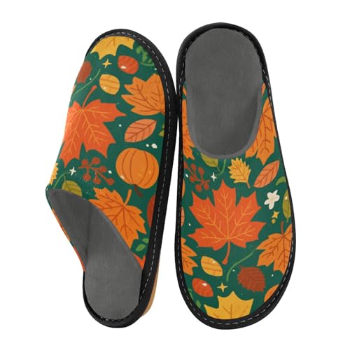Slippers for Women Autumn Leaves and Pumpkins Pattern Soft Fuzzy Women's Slippers Indoor and Outdoor Shoes