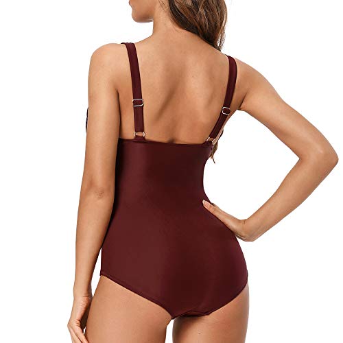Dixperfect Modest Tummy Control One Piece Bathing Suit Swimwear For Women Wine Red #TOP3