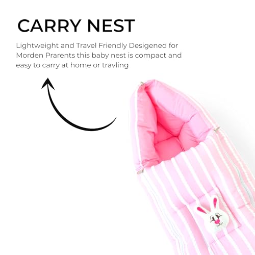 Image of VoiDrop Cotton Baby Sleeping Bag for Newborns Soft & Cozy Infant Carry Nest | Baby Portable Travelling Bed for Baby Carrying & co Sleeping, Unisex Baby Sleeping Bed | Stripe Print in Pink Color
