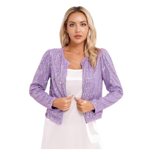Nyeemya Chaquetas Traje Blazers para Mujer Lentejuelas Brillantes Casual Frente Abrigo Abierto Corta de Manga Larga Cardigans Blusas A Morado M