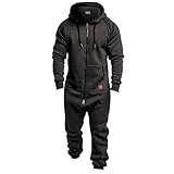 Mens Fleece Lined Hooded Jumpsuit Onesie Pajamas Zip Up One Piece Playsuit Jogger Sweatsuit Overall Romper Tracksuit Dark Grey