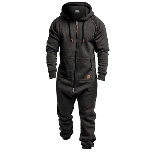 heluqu Mens Fleece Lined Hooded Jumpsuit Zip Up One Piece Pajamas Playsuit Jogger Sweatsuit Overall Romper Winter Tracksuit Dark Grey