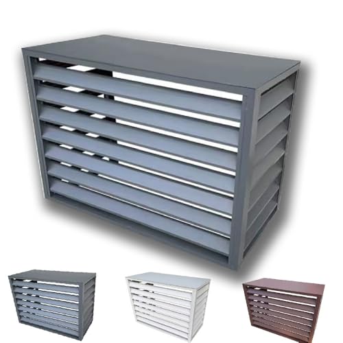 Cubierta de aluminio para aire acondicionado, protección para bomba de calor, jardín, balcón, diseño de listones (techo plano gris, 2-3 sartenes), escudo resistente a la intemperie para unidades HVAC