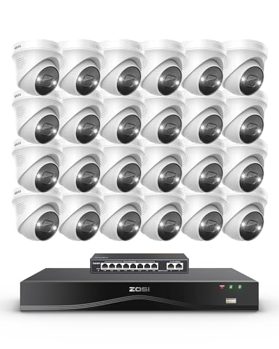 ZOSI 8MP 24pcs Kit Cámaras de Vigilancia PoE con 8 Puertos Gigabit PoE Switch, 16CH 4K Grabador NVR con 4TB HDD Ampliable a 32CH, Alarma de Persona/Vehículo, Visión Nocturna Color