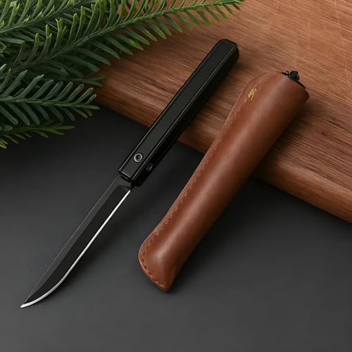 Image of Stainless Steel Folding Knife with Leather Case for Travel, Outdoor. Portable Utility Knives. Camping Pocket Knife. Razor-sharp Blade for Fruit Cutting, Kitchen Use. Survival Tool with Sheath