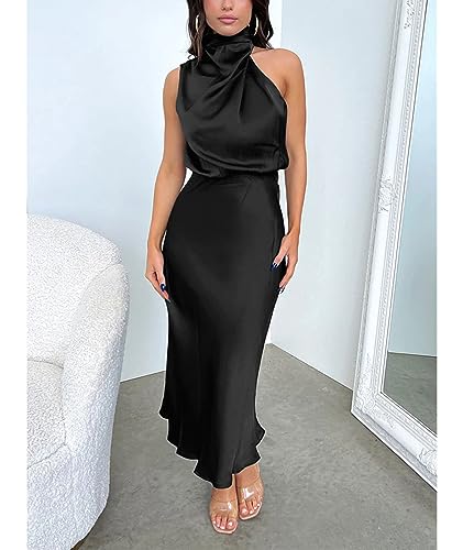 Image of Sexyshine Women's Elegant Halter Tie Neck Sleeveless Satin Long Dress Backless Split Cocktail Party Formal Wedding Maxi Dress
