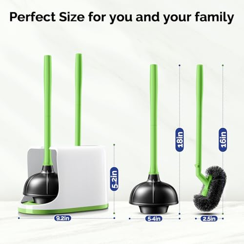 Image of HAMITOR Toilet Plunger Bowl Brush Combo：Heavy Duty Rubber for Drain Clog Remover - Curved Design Bristles for Deep Cleaning Under Rim - Compact Bathroom Cleaning Tools for New Homet Essentials-Green