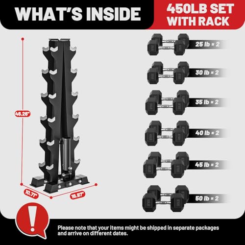 Image of PAPABABE Hex Dumbbell Sets with Rack, 100-600lb Rubber Coated Dumbbell Weight Set and Storage Rack, Multiple Options Hand Weights for Strength Training