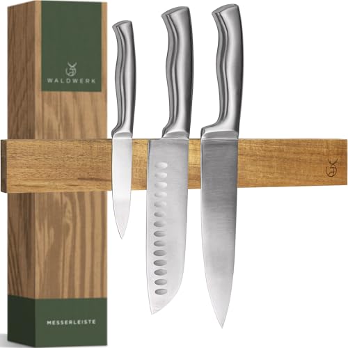 WALDWERK Iman Cuchillos de Cocina (40x5 cm) – Barra magnética de elegante madera de acacia – Soporte Cuchillos Cocina pesados – Imán para Cuchillos de Cocina para pegar o atornillar