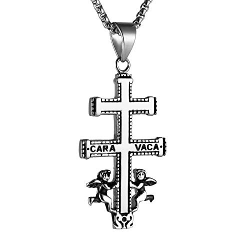 HZMAN Polished Stainless Steel Cruz De Caravaca Cross with Angels Pendant Necklace 24 Inch Chain (Silver Big)